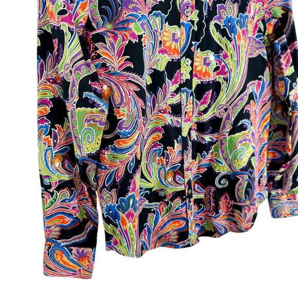 Ralph Lauren Womens Sz Small No Iron Vibrant Black Tropical Blouse Shirt Top - Picture 4 of 8